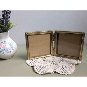 Vintage Brass Double Picture Frame, Hinged Folding Photo Frame, Ornate Gold